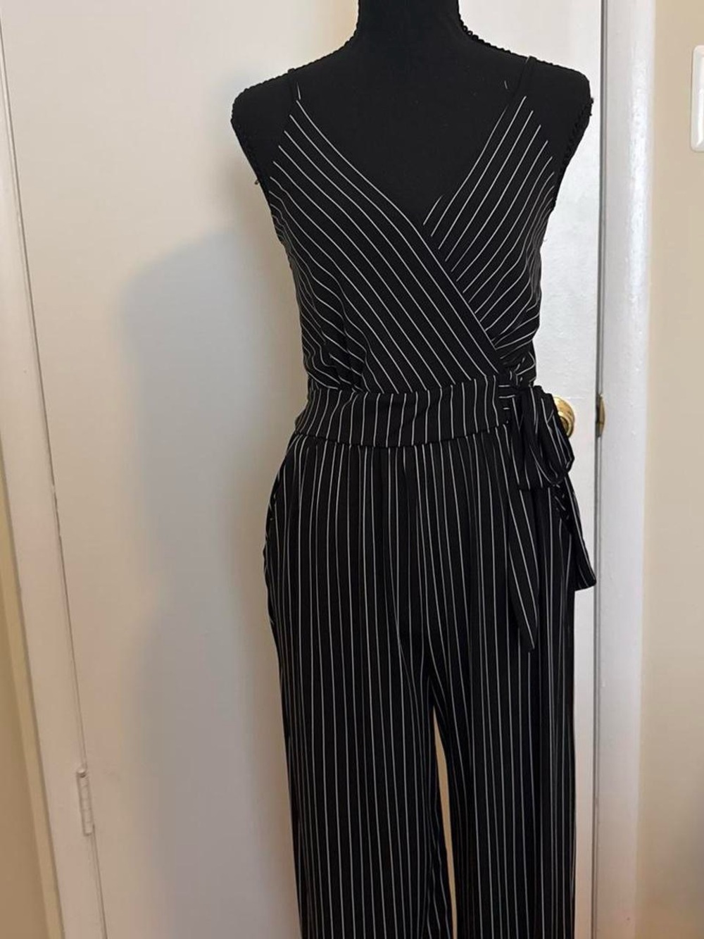 Kaileigh Black White Pinstripe Wrap Jumpsuit Tie Waist S